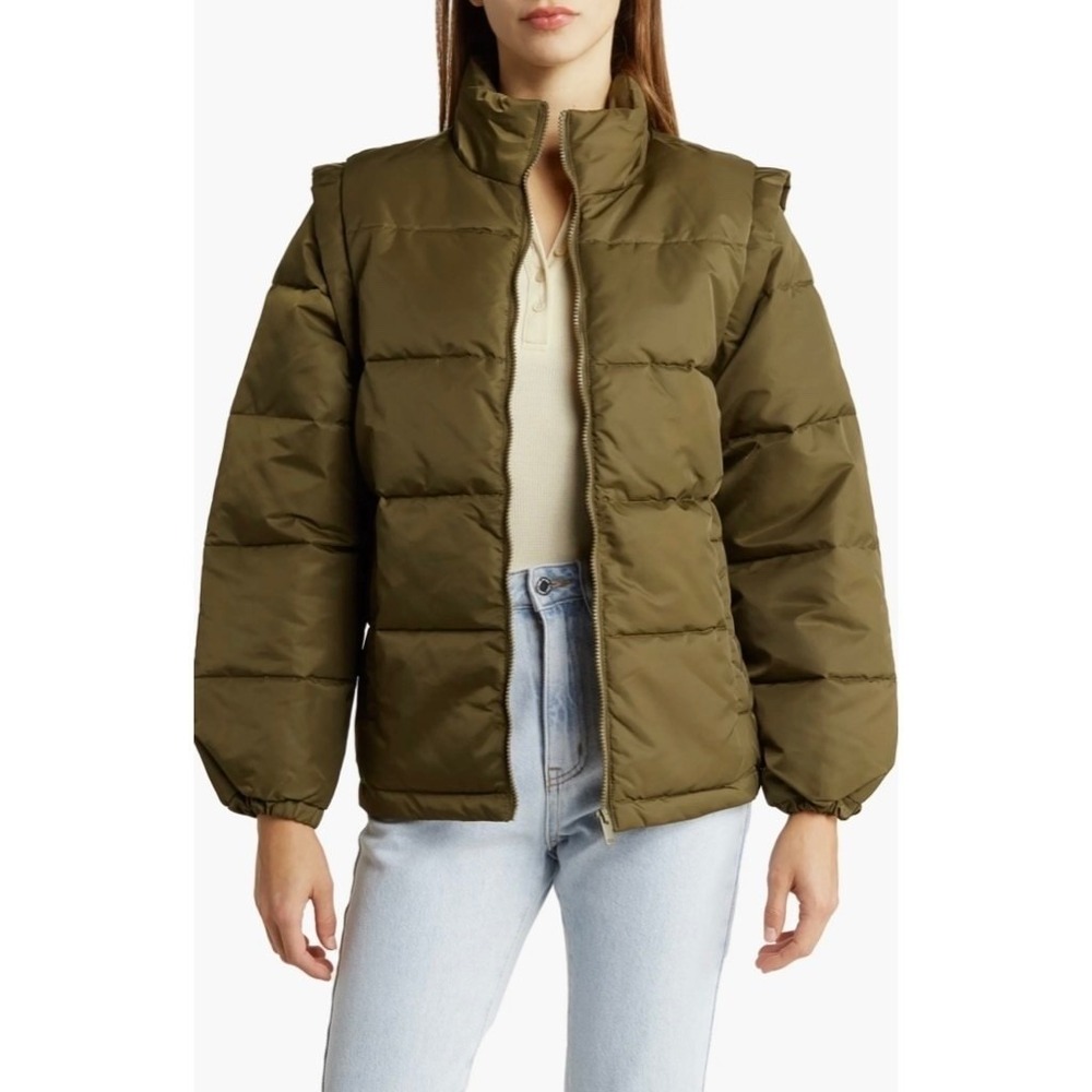 NWT!! WEWOREWHAT Zip Off Sleeve Nylon Puffer Jacket Military Olive Medium